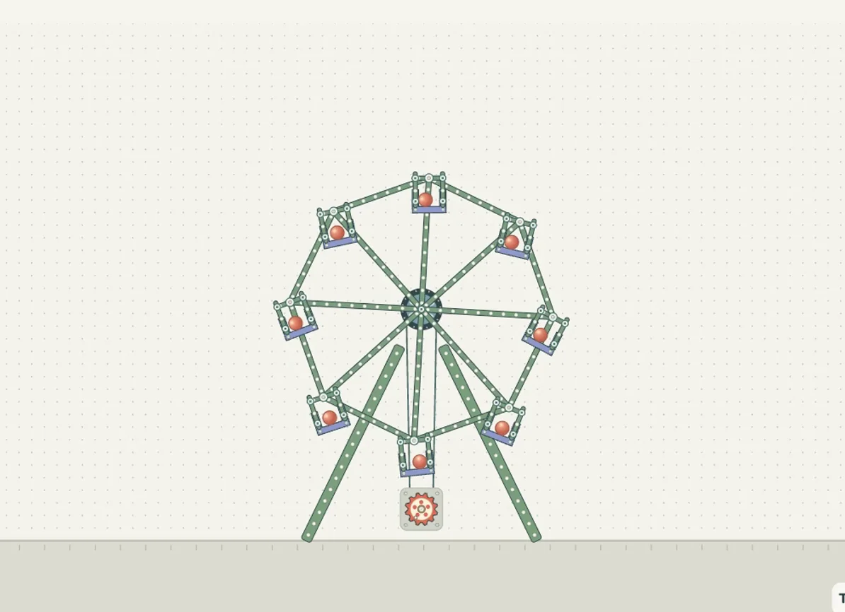 The Ferris Wheel: a gear-driven wheel carrying eight gondolas, each with a marble rider