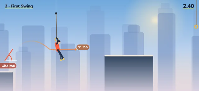 The athlete swinging from a ring, the speed and angle of the next leap shown