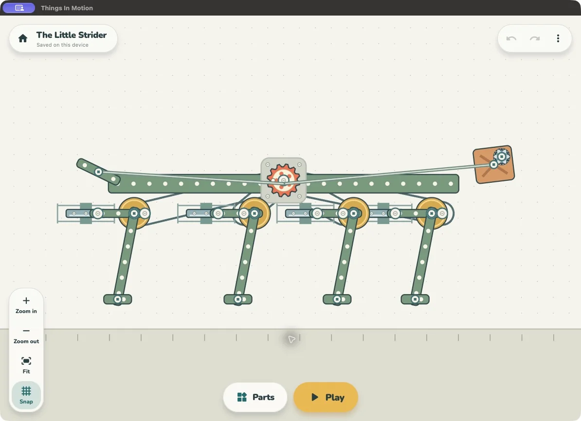 Four cam-driven legs and sliding rods connected to the motor of the Little Strider in Things In Motion