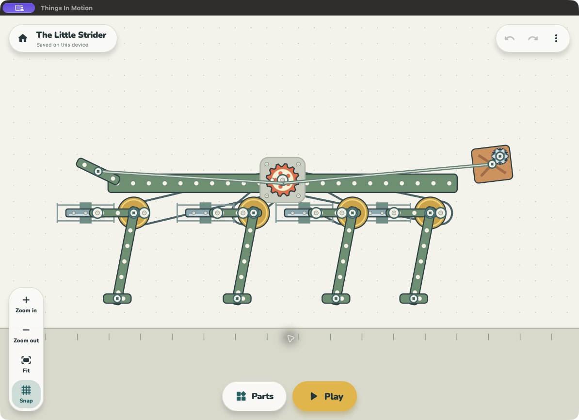 Four cam-driven legs and sliding rods connected to the motor of the Little Strider in Things In Motion