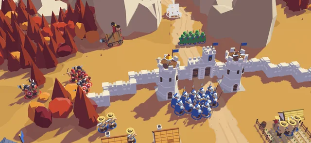 Raiders at a stone gatehouse, the town's spearmen and towers holding it