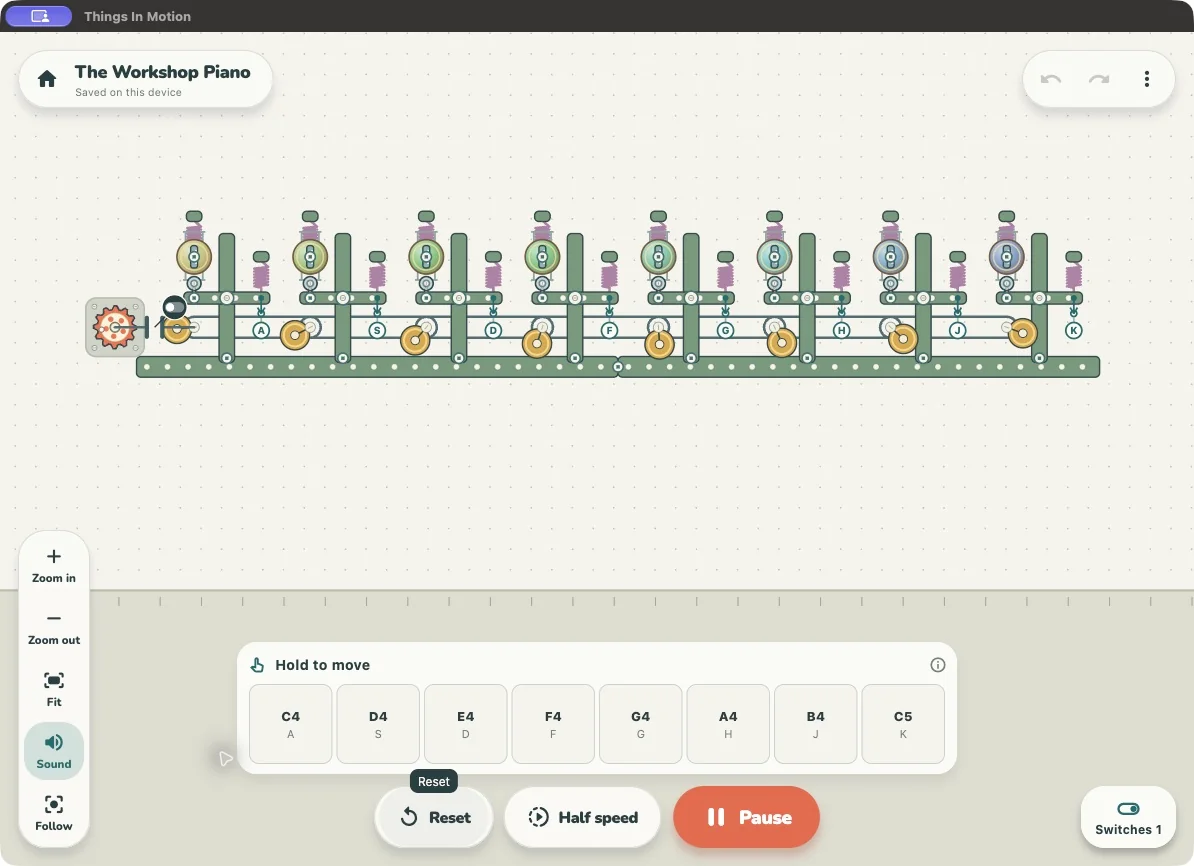 The Workshop Piano running in Things In Motion, with eight mechanical keys, springs, bells and on-screen controls